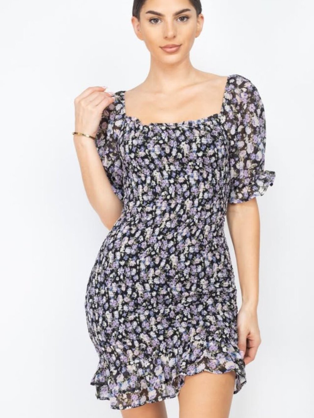 NWT Haute Monde Purple Floral Smocked Dress Puff Sleeve Mini Dress Size M